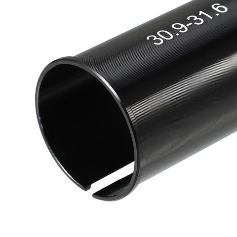 Close-up of Seat Post Reducer Sleeve Adapter 30.9mm To 31.6mm For Bikes Aluminum Alloy Black with visible measurements