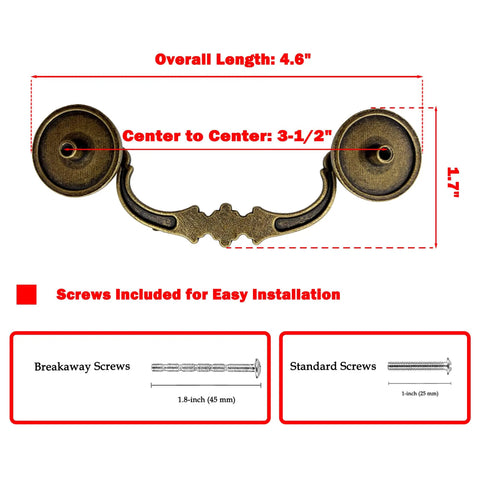 Dimensions of Six Pack Antique Brass Drop Bail Pulls For Furniture Standard Three And A Half Inch Center To Center Cabinet Handles