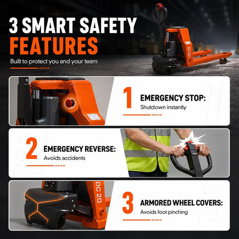 Hella Heavy Duty Electric Pallet Jack Bringing Badass Performance To Daily Warehouse Shifts With Rock Solid 4400 LB Load Capacity Featuring Rugged Steel Forks And Quick Charge Lithium Battery demonstrating safety features.