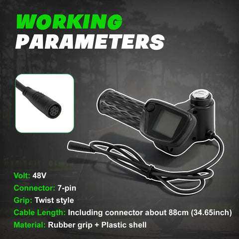 Throttle Grip 48V For Tuttio Soleil 01 Electric Dirt Bike Without M Button, LCD display, 7-pin connector and cable shown.
