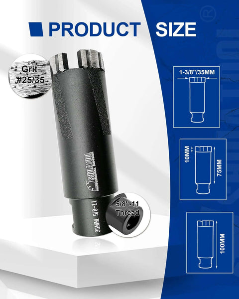 Front view of SHDIATOOL diamond core drill bit, 1-3/8 in (35 mm), 5/8-11 thread, dry or wet use for hard stone