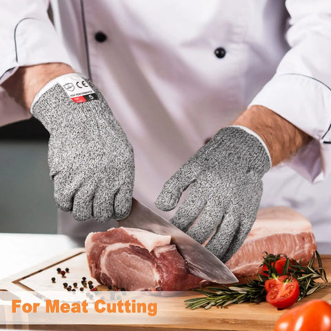 Chef using Six Pairs Cut Resistant Gloves Level 5 Protection For Kitchen Prep And DIY Heavy Duty Food Handling Shucking Fish And Precise Cutting Grip Safe Medium Size Anti Cut Kitchen Safety Gloves to slice meat