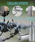 Usage steps for Twist Ties Drill Chuck Tool For 9 And 11 Gauge Fence Ties with 3/8 inch power drills shown in sequence