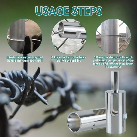 Usage steps for Twist Ties Drill Chuck Tool For 9 And 11 Gauge Fence Ties with 3/8 inch power drills shown in sequence