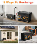 Beefy 12.8V LiFePO4 Battery With Bluetooth 200A BMS Over Fifteen Thousand Deep Cycles Low Temperature Protection Ideal For RV Solar Marine Off Grid And Home Backup shown with three charging methods: wall charger, solar panels, generator.