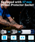 Man using Wheel Lock Removal Kit With A J Wheel Lock Key for Toyota Vehicles, showing 17mm non-marring socket adapter.