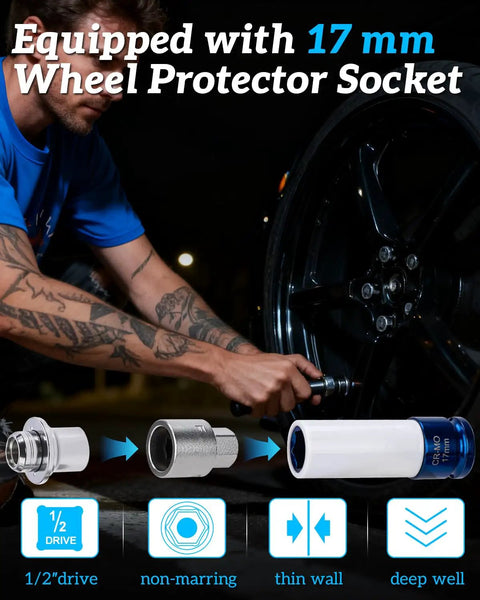 Man using Wheel Lock Removal Kit With A J Wheel Lock Key for Toyota Vehicles, showing 17mm non-marring socket adapter.