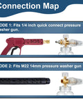 Foam Cannon For Pressure Washer With M22 And 1 Quarter Inch Quick Connect, showing connection options for washer guns.