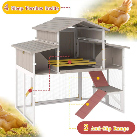 Spacious Wooden Chicken Coop With Run And Four Nesting Boxes For Backyard Farms, Elevated Coop Over Ground Run, hens in background.