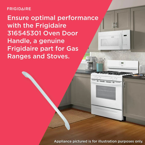 Replacement Oven Door Handle 316545301 for Gas Ranges and Stoves, white finish, in a modern kitchen setting.