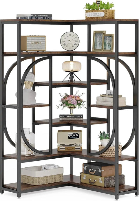 Sick Seven Tier Corner Shelving Unit For Living Room Or Office With Industrial Chic Vibe And Heavy Duty Metal Frame Engineered Wood Bookshelf For Game Changing Storage And Clean Room Setup