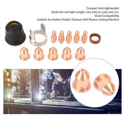Ultimate 13PC Plasma Cutting Consumables Kit With Tough Nozzles For Harbor Freight 45A Welder showing tips and nozzles for precision welding.