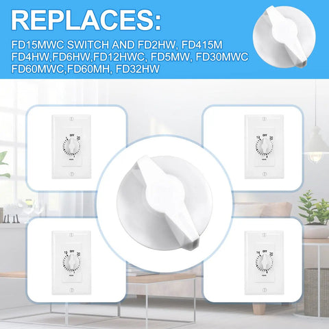 Two Pack Timer Knob Replacement For Wall, Bath, And Light Timers, Premium ABS Construction, shown in various installed views.