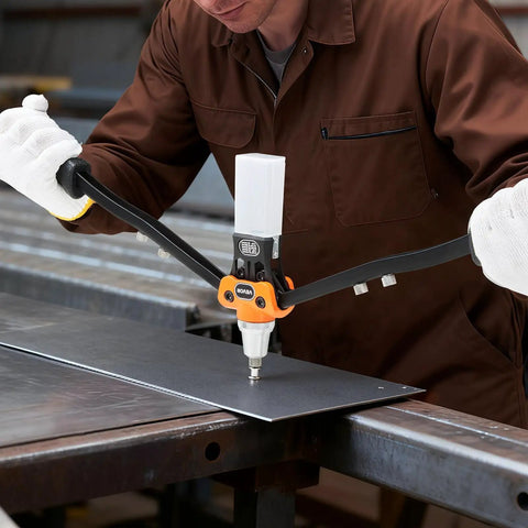 Person using Two-Handed Pop Rivet Gun Kit With 230 Blind Rivets, 5 Interchangeable Nosepieces for fastening metal sheet in workshop