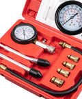 Gas Engine Cylinder Compression Tester Kit 8 Piece Auto Gauge Set in red case with adapters and hose visible