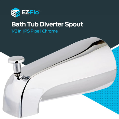 Five And Three Eighths Inch Nose Diverter Tub Spout With One Half Inch IPS Connection In Chrome Finish For Tub Or Shower Replacement Universal Fit And Easy No Fuss Installation, side view showing lever.