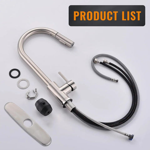 Pull Down Kitchen Faucet With Brushed Nickel Finish, Single Handle High Arc Swan Neck, Modern Stainless Steel Sink Faucet components