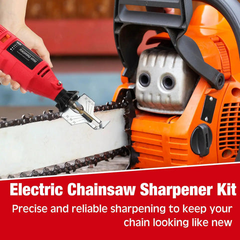Portable Electric Chainsaw Sharpener Kit With 8 Piece File Set And 45 Diamond Sharpener Stones in use on a chainsaw blade