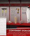 Electric Fuel Transfer Pump With Auto Stop Sensor and PE bag for storage on pegboard in garage