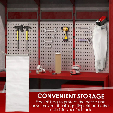 Electric Fuel Transfer Pump With Auto Stop Sensor and PE bag for storage on pegboard in garage