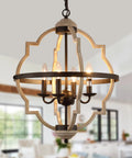 Sphere Farmhouse Orb Chandelier In Oak White And Brown Finish - Rustic 4 Light Vintage Hanging Fixture with four candle lights