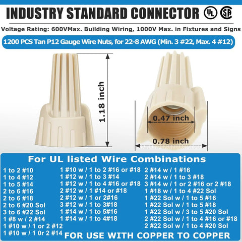 Heavy Duty Beefy Winged Tan Wire Nut Kit 1200 Pcs For 12 Gauge To 22-8 AWG with size measurements and usage instructions