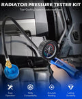 No Sweat 19 Piece Coolant Pressure Tester Kit For Quick Radiator Leak Detection With 15 Universal Vehicle Adapter Fittings Manual Vacuum Pump And Temperature Gauge Tool in use.