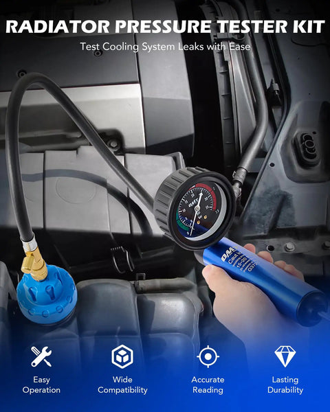 No Sweat 19 Piece Coolant Pressure Tester Kit For Quick Radiator Leak Detection With 15 Universal Vehicle Adapter Fittings Manual Vacuum Pump And Temperature Gauge Tool in use.