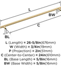 Diagram of Champagne Bronze 24 Inch Center-To-Center Appliance Pull, showing dimensions and specifications for kitchen hardware.