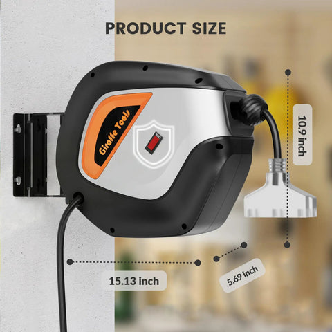 Heavy Duty Retractable Extension Cord Reel With Lighted Triple Tap, 50FT 14AWG 3C SJTOW Power Cord, wall mount dimensions