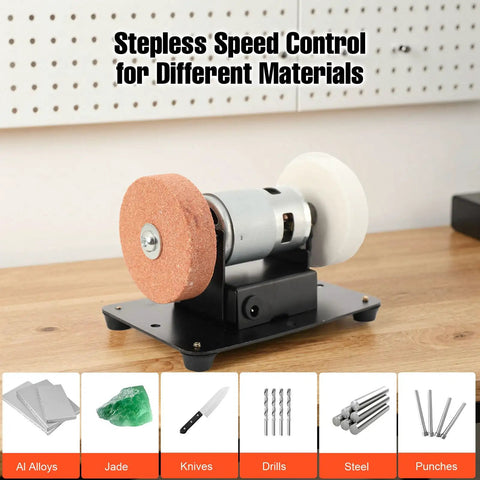 Mini Bench Grinder 96W, 7 Speed Adjustable Electric Tool With 3000 To 6000 Rpm Range Forward Reverse Switch And Smooth Operator Design on a workbench.