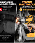 Top Tier Cordless Impact Wrench 3/4 Inch Hella Powerful 1475 Foot Pounds Raw Torque Brushless Motor Three Speed Modes Zero Hassle Job Site Beast Heavy Duty With 1/2 In Socket Adapter Sold As Tool Only, showing 2000NM max torque usage on a wheel.