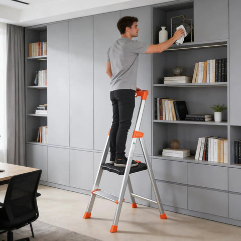 Two Step Ladder With XL Platform For A Rock Solid Stand, Aluminum Lightweight Folding Stool, 330 Lb Weight Rating, No Assembly Required, Large Anti Slip Feet, Easy Fold Design For Home, Garage, Or Office used to clean shelves