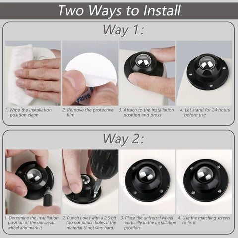 Installation guide showing two ways to mount Total Game Changer For Moving Stuff With These Super Smooth Self Adhesive Swivel Caster Wheels.
