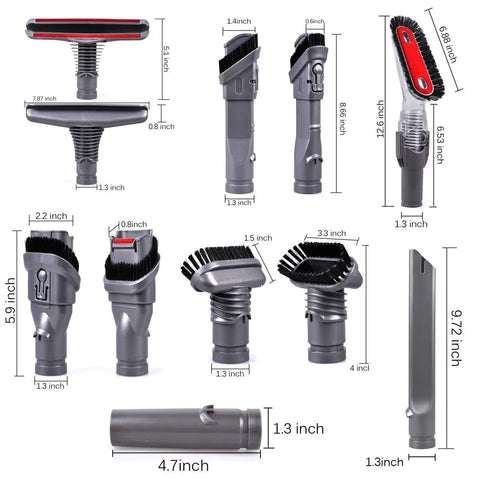 Gotta Have 7 Pack Vacuum Attachments Replacement Kit For Dyson Vacuum Cleaners V6 DC44 DC33 DC35 DC39 DC58 DC59 DC62 shown with dimensions