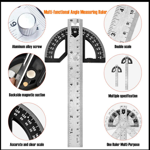 Heavy Duty 8 Inch Protractor Angle Finder Carpenter Square Adjustable Aluminum Gauge With 0 To 180 Degree Swing Arm showcasing magnetic back and clear scale.