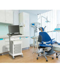Tough As Nails Mobile Trolley Cart with computer, three drawers in a dental clinic, smooth rolling ABS storage caddy.
