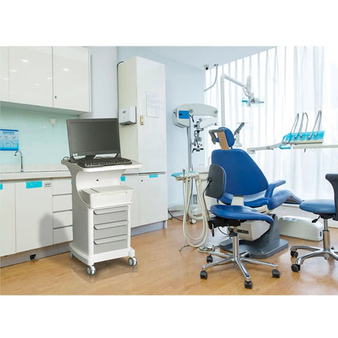 Tough As Nails Mobile Trolley Cart with computer, three drawers in a dental clinic, smooth rolling ABS storage caddy.