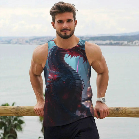 Premium Lightweight Men Workout Tank Top Featuring Dope Dragon Print Artwork, worn by a muscular man outdoors.