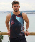 Men's Quick Dry Tank Top With Moisture Wicking Fabric, Lightweight Sleeveless Gym Shirt Featuring Dope Mechanical Dragon Graphic, Breathable Athletic Fit To Keep You Fresh During Heavy Lifts In Black, model outdoors by the sea