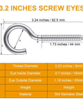 Heavy Duty 3.2 Inch 304 Stainless Steel Screw Eyes 6 Pack For Hammock Stand Indoor Outdoor Hooks Wall And Ceiling Mounts Holds 200-250 Lbs Rust Resistant And Easy To Install, dimensions chart and measurements