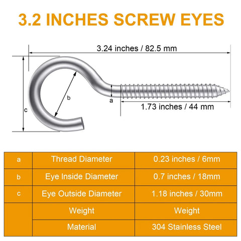 Heavy Duty 3.2 Inch 304 Stainless Steel Screw Eyes 6 Pack For Hammock Stand Indoor Outdoor Hooks Wall And Ceiling Mounts Holds 200-250 Lbs Rust Resistant And Easy To Install, dimensions chart and measurements