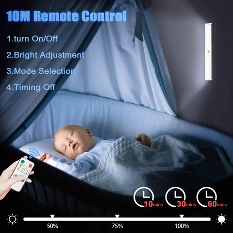Rechargeable 90 LED Closet Lights With Motion Sensor And Remote Wireless illuminating a crib at night with a sleeping baby