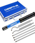 Beast Pro Grade Carbide Tipped Wood Lathe Tools Set with blue handle, interchangeable tips, case, and soft grip handle.