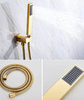Top Shelf Gold Wall Mounted Bathroom Shower System With Thermostatic Temp Control 16 Inch Rainfall Head Handheld Sprayer and hose