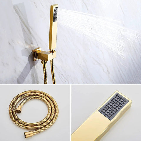 Heavy Duty Gold Thermostatic Shower System That Runs Flawless With 16 Inch Rainhead And Angled Handheld Sprayer Wall Mounted Bathroom Faucet Kit featuring gold angled handheld sprayer with flexible hose.