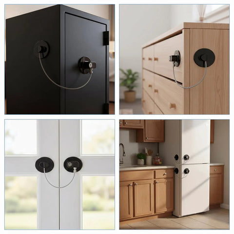 Heavy Duty Refrigerator Locks With Keys 12 Pack Adhesive Fridge Locks securing cabinets and appliances for child safety.