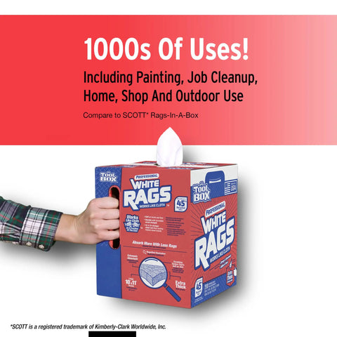 Person holding Professional White Rags Center Pull Box 200 Sheets 11 X 10 Inches Made In USA Ultra Absorbent For Painting, Cleaning