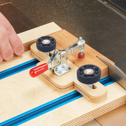 Using Eight Pack T Track Knob Kit with four star knobs and skeleton knobs on woodworking jig for precise cuts