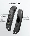 Back and front of Instant Read Digital Meat Thermometer With 1 Second Response 0.5F Accuracy NIST And NSF Certified, battery and features shown.
